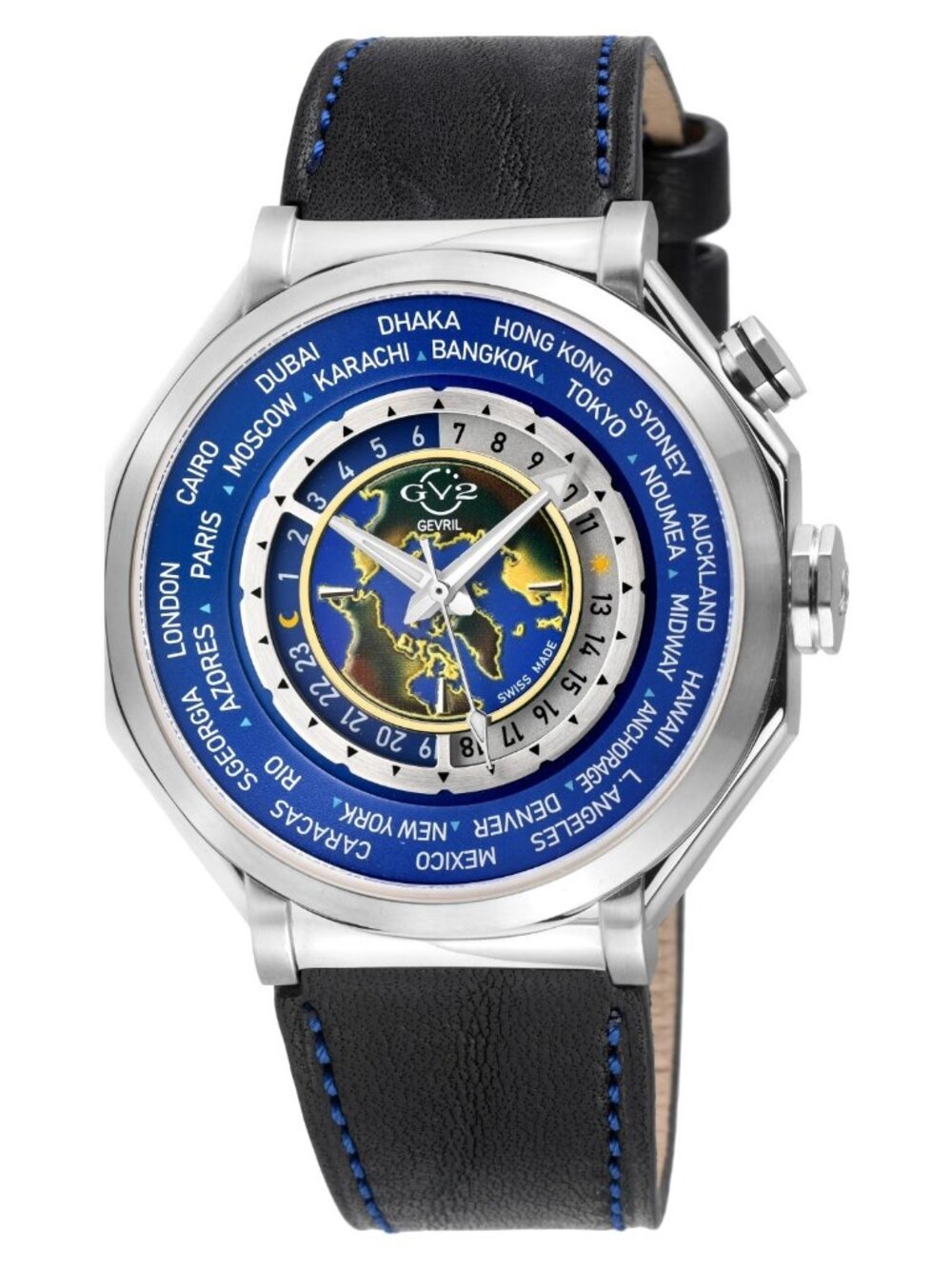 GV2 Marchese 3 Time Zones Men's 44mm Black Leather Swiss Made Quartz Watch 42431